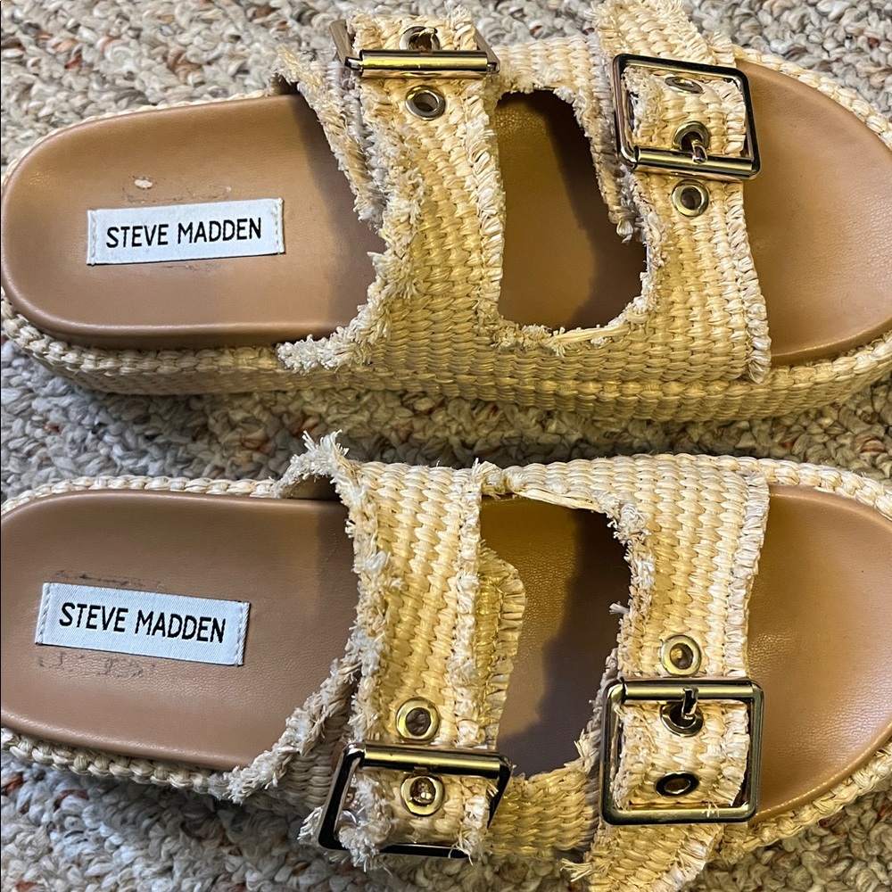 Steve Madden Beige Woven Double-Buckle Platform Sandals - Picture 6 of 12